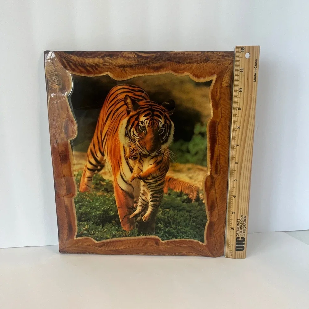Vintage Tiger and Cub Wood Plaque High Gloss Resin Wildlife Wall Art‎ 9.5x11.5